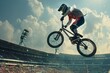 © spyrakot - BMX Cyclist Mid-Air Jump Over Olympic Stadium Crowd During High-Excitement Sports Event - Perfect for Posters, Ads, and Sports Campaigns
