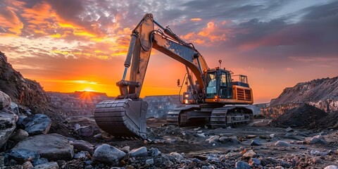 Electric Excavator in Open-Pit Mine at Sunset for Earthmoving Operations. Concept Mining Equipment, Heavy Machinery, Industrial Operations, Sunset Landscape, Earthmoving Operations