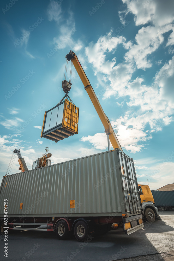 A crane lifts a container onto a truck under a clear blue sky. The ...