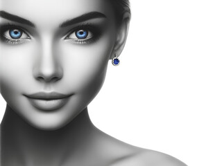 black and white portrait of a beautiful woman with striking blue eyes and earrings with a blue stone