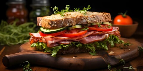 Wall Mural - Creating a Delicious Ham and Vegetable Sandwich. Concept Ham, Vegetable, Sandwich, Recipes, Delicious
