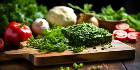 Wall Mural - Chopped parsley and vibrant ingredients on a wooden board. Concept Food Photography, Fresh Herbs, Culinary Art, Wooden Background, Vibrant Colors