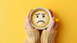 © Prasanth - Closeup woman hands holding coffee cup with sad face drawn on coffee, top view angle on isolated yellow background