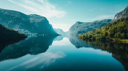 Norway fjord on a sunny day, with deep blue waters and dramatic cliffs. Mountains reflecting in the clear blue water.