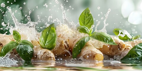 Wall Mural - Ginger water splashing on green leaves against a white background. Concept Nature, Splash Photography, Still Life, Green Leaves, High-Speed Photography