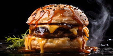 Wall Mural - Sizzling Cheeseburger with Melted Cheese on Sesame Bun on Black Background. Concept Food Photography, Cheeseburger, Burger, Melted Cheese, Black Background