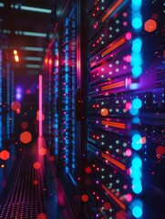 Poster - close up on server rack leds in a dark data center data flow hyper realistic