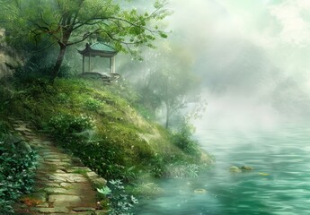 Wall Mural - Photo of an underwater green hill with wooden stairs leading to the top 