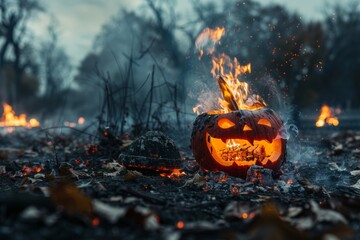 Wall Mural - Pumpkin face on ground