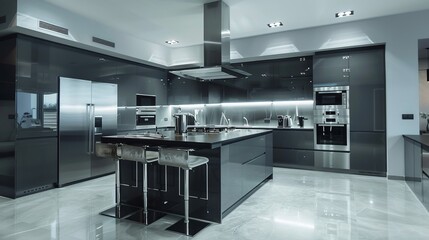 A luxury modern gray kitchen, typically characterized by sleek and sophisticated design elements, offers a contemporary and stylish culinary space. 