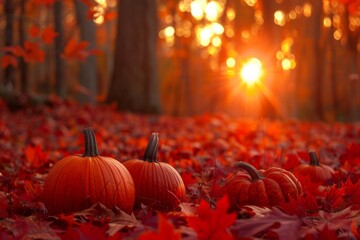 Canvas Print - Two pumpkins resting forest ground