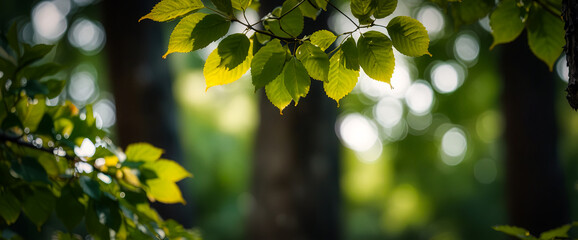 Beautiful natural spring summer defocused background with fresh lush foliage and bokeh in nature. Generated AI