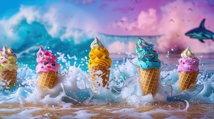 Wall Mural - ice cream cones with faces and sprinkles, splashing in the surf on an exotic beach, with colorful waves and sharks in the background, product