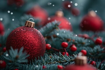 Wall Mural - Red bauble on pine tree with berries