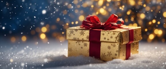 Festive Christmas snow background with copy space Golden gift box with red ribbon, snowflake and serpentine on snow on evening blue sky background with falling snow flakes.