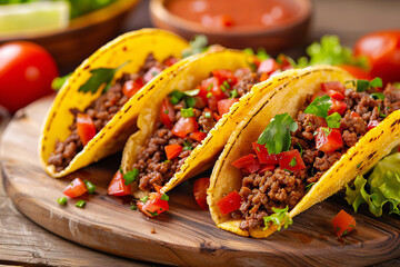 Tacos with beef and tomatoes on wooden
