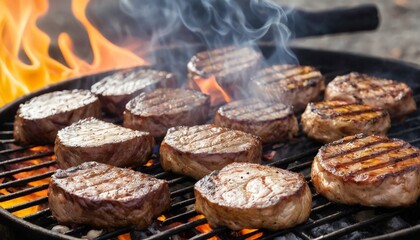 Wall Mural - Juicy steaks grilling over open flames, emitting delicious smoke. The grill marks and sizzling fire create a mouth-watering scene, ideal for barbecue and cooking themes.