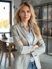 confident professional business woman, happy female executive manager standing in office arms crossed looking at camera, portrait hyper realistic 