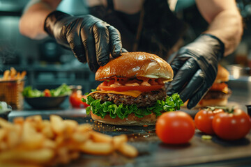 hands in gloves making of tasty fresh burger in fast food restaurant