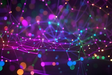 Poster - Abstract colorful lines and glowing dots forming a network connection on a black background. Representing the concept of digital communication, technology, internet and big data