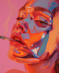 Wall Mural - Illustrative portrait of a woman smoking cigarette, pink background and metal reflective skin,