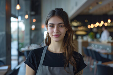 happy young waitress in modern restaurant