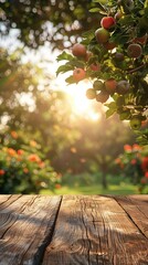 Wall Mural - lychee fruit hanging on tree with wooden table and sunset at organic farm. AI generated illustration
