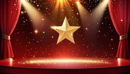 Wall Mural - Golden star and glitter light on the red stage, award ceremony concept background  created with generative ai