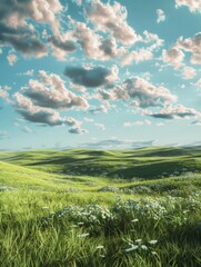beautiful summer landscape with green meadow and blue sky with clouds, hilly green landscape view wi