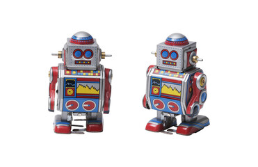 funny cute tin toy robots on white background