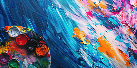 Wall Mural - The Chromatic Canvas: A painter's palette filled with vibrant acrylics, next to an abstract painting that seems to come alive on a digital canvas.