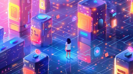 Poster - A woman stands in a futuristic city made of glowing digital towers connected by intricate circuits, representing the advanced world of artificial intelligence