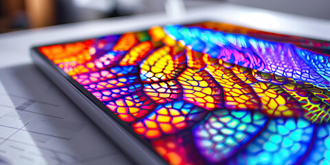 Wall Mural - The Synthetic Serengeti: Vibrant patterns dancing across a liquid crystal display, resting on a clean, white desk.