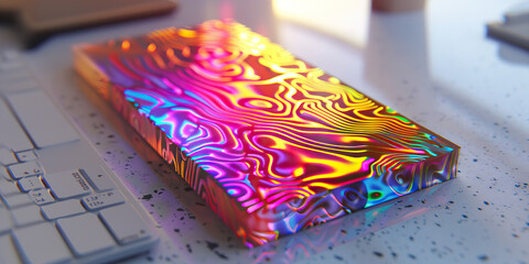 Wall Mural - The Synthetic Serengeti: Vibrant patterns dancing across a liquid crystal display, resting on a clean, white desk.