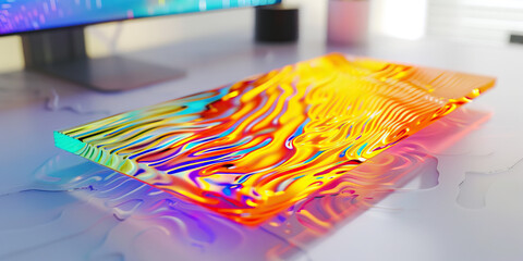 Wall Mural - The Synthetic Serengeti: Vibrant patterns dancing across a liquid crystal display, resting on a clean, white desk.