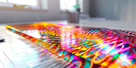 Wall Mural - The Synthetic Serengeti: Vibrant patterns dancing across a liquid crystal display, resting on a clean, white desk.