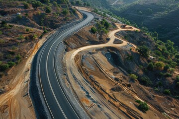 Aerial Road Construction. Landscape Highway in Nature with Winding Driveway View