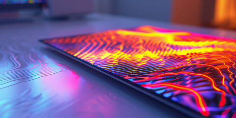 Wall Mural - The Synthetic Serengeti: Vibrant patterns dancing across a liquid crystal display, resting on a clean, white desk.