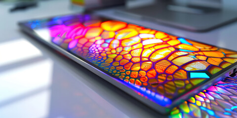 Wall Mural - The Synthetic Serengeti: Vibrant patterns dancing across a liquid crystal display, resting on a clean, white desk.