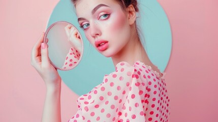 Wall Mural - Photo of a woman holding a vintage mirror in her hand, wearing a pink polka dot dress, isolated on a pastel background with copy space. A concept about beauty and makeup.