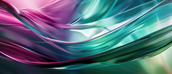 Wall Mural - Abstract intersecting glowing light arcs lines with swirling pastel background silky smooth vivid tones delicate green and pink purple colors on dark background