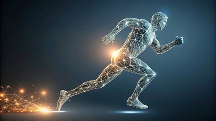 Poster - Abstract running human form with light effects - This image depicts a digital wireframe model of a human figure in a running pose enhanced with dynamic light effects