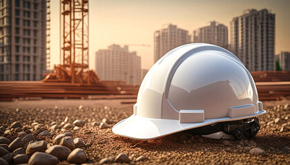 A white construction helmet lies on the gravel of a construction site.