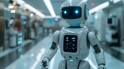Poster - a white, humanoid robot with blue lights in its eyes stands in a sterile hospital corridor. the robo