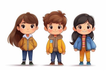 Wall Mural - Three animated children stand side by side, each dressed in stylish, contemporary outfits with colorful details
