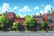 © Design Depot - Featuring a vibrant and detailed illustration of a cartoon-style row of buildings with a clear blue sky and lush trees, ideal for a background