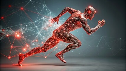 Poster - Cybernetic runner concept with network nodes - The image features a wireframe model of a runner, with network nodes and lines emphasizing movement and connectivity