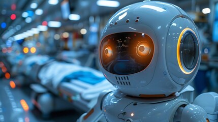 Poster - close-up of a white robot with orange glowing eyes, situated in a hospital environment. blurred back