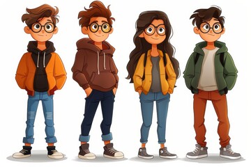 Wall Mural - Five cartoon teenagers with modern clothing, confidently standing and facing forward