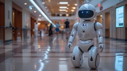 Poster - a white, humanoid robot stands in a hospital lobby.